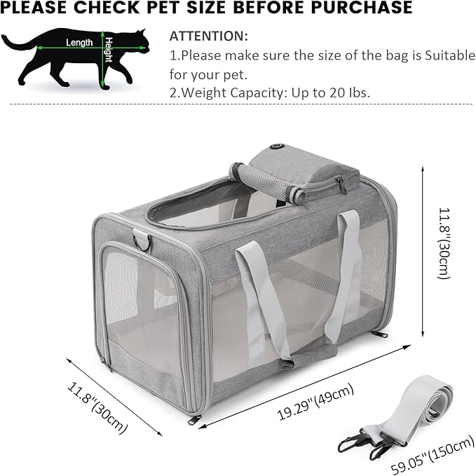 Cat Carrier Dog Carrier Portable Pet Carrier, Soft Sided Fat Cat Carrier Medium Airline Approved, Foldable Bunny Puppy Cat Carrier up to 20lbs, Cat Bag Carrier for Travel (Grey)