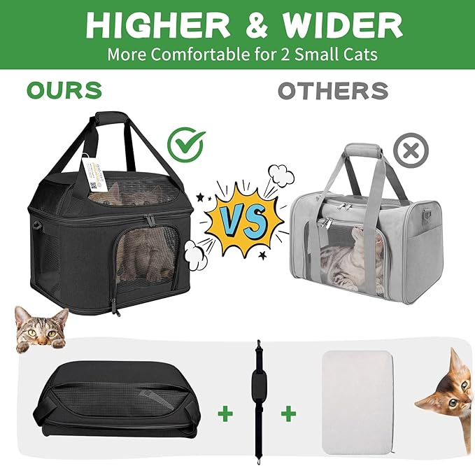 Large Cat Carrier for 2 Cats, Soft Side Carrier for Cats Small Dogs, Collapsible Travel Dog Carrier Oeko-TEX Certified, TSA Airline Approved Cat Carrier Backpack for 20 lbs Cat,Black