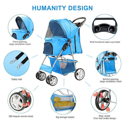 Pet Stroller for Small Dogs and CatsQuick-Folding Portable Travel Cat Dog Stroller with Storage Basket and Cup Holder 4 Wheels,