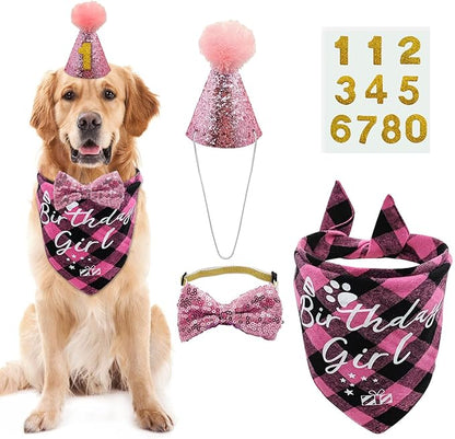 Dog Birthday Party Supplies, LMSHOWOWO Reusable Dog Birthday Bandana Set, Blingbling Dog Birthday Hat Bow Tie Numbers for Medium Large Dogs Pets Birthday Decorations (Pink, Large)