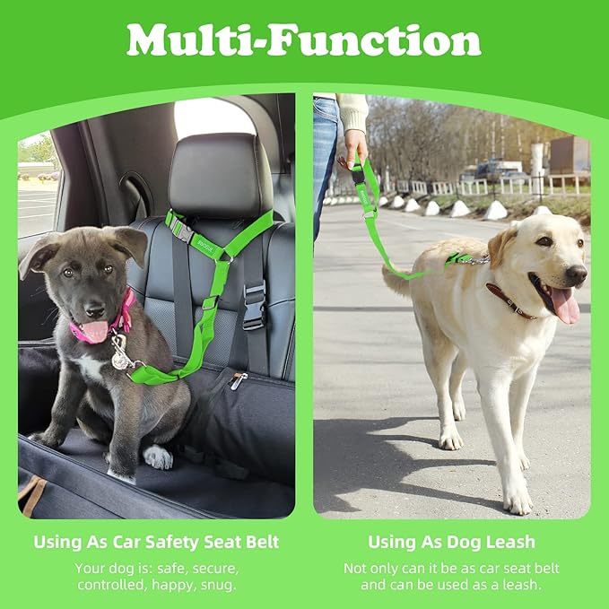 BWOGUE 2 Packs Dog Cat Safety Seat Belt Strap Car Headrest Restraint Adjustable Nylon Fabric Dog Restraints Vehicle Seatbelts Harness Green