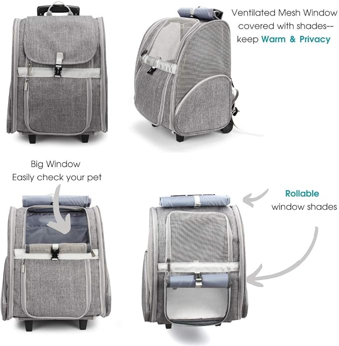 Lollimeow Pet Rolling Carrier, Dog Backpack with Wheels,Cats,Puppies Travel Bag with Wheels,Dog Trolley(Grey)