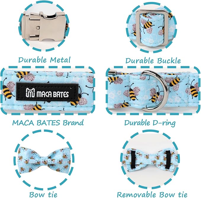 Maca Bates Blue Bee Dog Collar with Bow Bowtie for Dogs Bow Tie Adjustable Breakaway Blue Collars Accessories Birthday Gift for Small Medium Large XL Puppy with Golden Metal Buckle