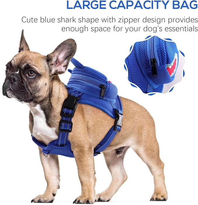 IDOMIK Dog Backpack Harness, No-Pull Dog Backpack with D-Ring for Small Medium Dogs, Cute Self Carrier Backpack for Dogs to Wear, Adjustable Dog Harness Backpack for Traveling Camping Hiking,Shark,XS