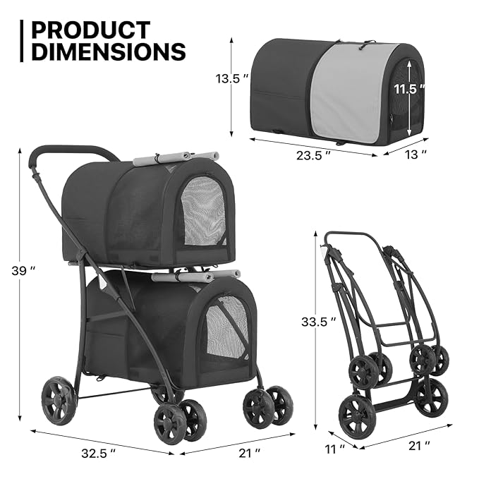 MoNiBloom Double Dog Stroller with Detachable Carrier Bags Large 4 Wheels Foldable Jogger for Small and Medium Dog Cats, Black/Gray