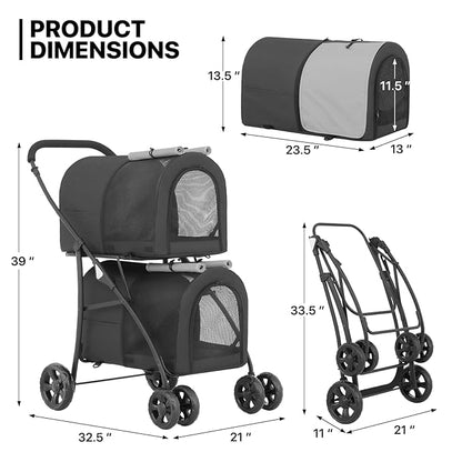 MoNiBloom Double Dog Stroller with Detachable Carrier Bags Large 4 Wheels Foldable Jogger for Small and Medium Dog Cats, Black/Gray