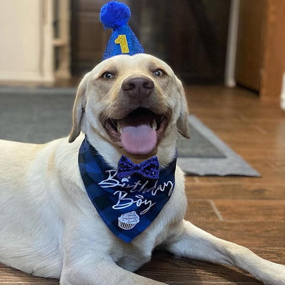 Dog Birthday Party Supplies, LMSHOWOWO Reusable Dog Birthday Bandana Set, Blingbling Dog Birthday Hat Bow Tie Numbers for Medium Large Dogs Pets Birthday Decorations (Blue, Large)