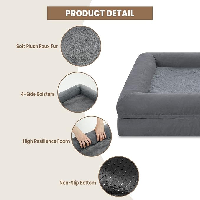 XXL Dog Bed, Dark Grey Orthopedic Dog Bed, Washable Dog Bed with [Removable Bolster], Waterproof Dog Bed with Nonskid Bottom, Pet Bed, Jumbo Dog Bed