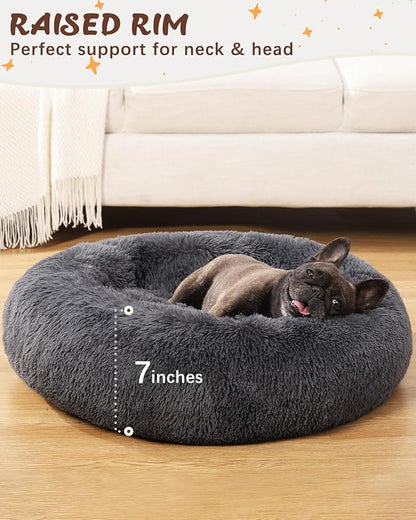 KSIIA Calming Dog Bed Anti-Anxiety Round Donut Dog Beds for Small Dogs Cat Beds for Indoor Cats Fluffy Comfort Small Dog Bed with Ultra-Soft Plush Washable Dog Bed with Non-Skid Bottom 23", Gray