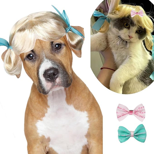 Funny Dog Wig Pet Costumes, Cat Costume Synthetic Hairpiece Cosplay Wigs, Headwear for Halloween Christmas Festivals Party Decor, Fancy Dress,Average Size for Most Dog Cat,Palr Blonde for Braid