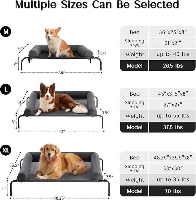 WESTERN HOME WH Elevated Dog Bed Cot, Raised Outdoor Dog Bed with Bolster for Large Dogs, Slightly Chew Proof Portable Cooling Pet Cot with Breathable Mesh, Skid-Resistant Feet, Grey, 43 inches