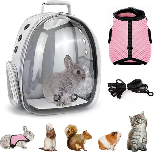 Small Pet Carrier Backpack Rabbit Carrier with Harness Vest Stretchy Elastic Leash Large Breathable Pet Carrier Airline Approved for Bunny Guinea Pig Ferret Hedgehog Kitten Travel Walking