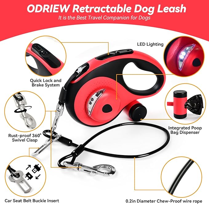 Retractable Dog Leash 16ft 360° Tangle-Free, 6-in-1 with 2 Poop 110lbs. (Red, 16ft)