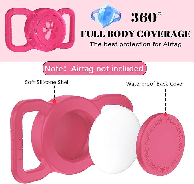 SANKALA Airtag Dog Collar Holder, [1 Pack] Waterproof Airtag Collar Holder for Dog, Silicone Full Body Covered Anti-Lost Protective Apple Airtag Case for Pet Collar - Fits All Width Collars, Rose