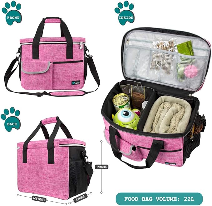 PetAmi Dog Travel Bag, Travel Pet Bag Organizer, Dog Food Travel Bag with Food Container and Bowls, Dog Travel Supplies Gift Accessories for Weekend Camping, Dog Cat Diaper Bag (Pink, Medium)