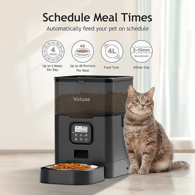 VOLUAS Automatic Cat Feeders - Dry Food Dispenser with Timer, Desiccant Bag, Programmable Portion Size Control 4 Meals Per Day, 10s Voice Recorder