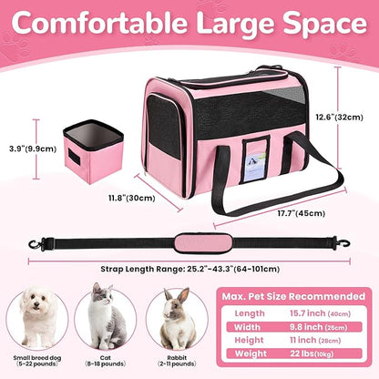 Soft Sided Cat Carrier for Under 18 Pounds, Folable Pet Carrier for Small Medium Cats Dogs, Roomy Dog Travel Carrier, Collapsible Puppy Carrier Bag with Locking Safety Zippers, Pink