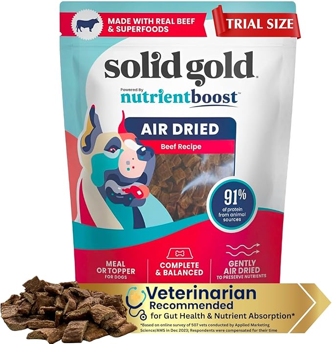 Solid Gold Air Dried Dog Food Toppers for Picky Eaters - Healthy Dog Treats Made with Real Beef to Serve as Meal Topper or Dog Treat - Supports Muscle Growth, Immunity, and Healthy Digestion - 4 oz