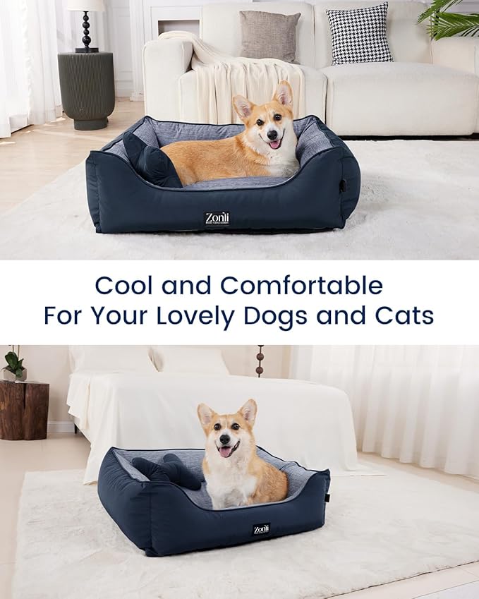 ZonLi Cooling Dog Bed, Dog Beds for Extra Large Dogs, Dog Cooling Bed with Bolsters Waterproof, for Dogs Up to 50 lbs, Pet Bed with Washable Cover, Non-Slip Bottom, Without Gel, Oceanic Navy