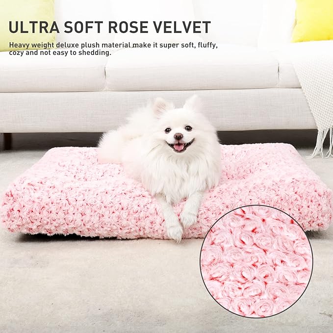 KSIIA Washable Dog Bed Deluxe Plush Dog Crate Beds Fulffy Comfy Kennel Pad Anti-Slip Pet Sleeping Mat for Large 23" x 18", Pink