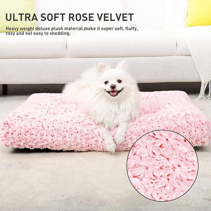 KSIIA Washable Dog Bed Deluxe Plush Dog Crate Beds Fulffy Comfy Kennel Pad Anti-Slip Pet Sleeping Mat for Large 29" x 21", Pink