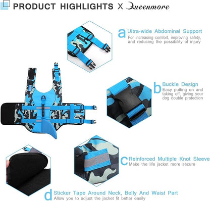 Queenmore Dog Life Jacket Ripstop Dog Shark Safety Vest Adjustable Preserver with High Buoyancy and Durable Rescue Handle for Small