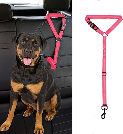 Dog Cat Safety Seat Belt Strap Car Headrest Restraint Adjustable Nylon Fabric Dog Restraints Vehicle Seatbelts Harness (Pink Elastic Bungee)