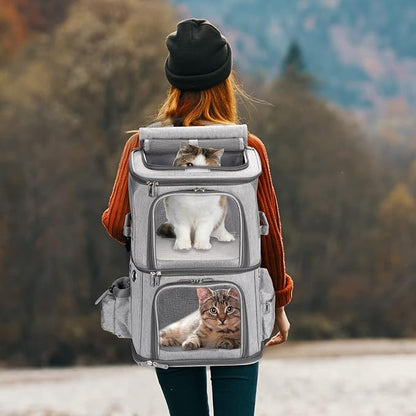 Double-Compartment Pet Carrier Backpack for Small Cats and Dogs, Cat Travel Carrier for 2 Cats, Perfect for Traveling/Hiking/Camping, Grey