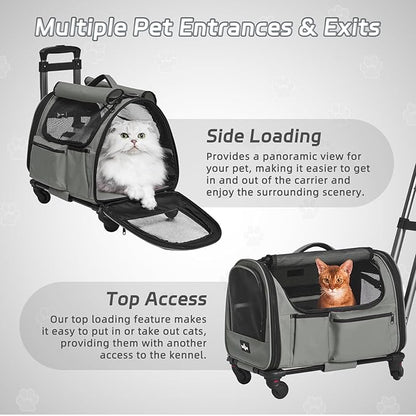 Cat Carrier with Wheels, Foldable Airline Approved Dog Cat Carrier with Wheels for Cat Dog Under 20 lbs, Rolling Cat Carrier Travel Bag with Telescopic Handle for Walking Travel Vet Visits