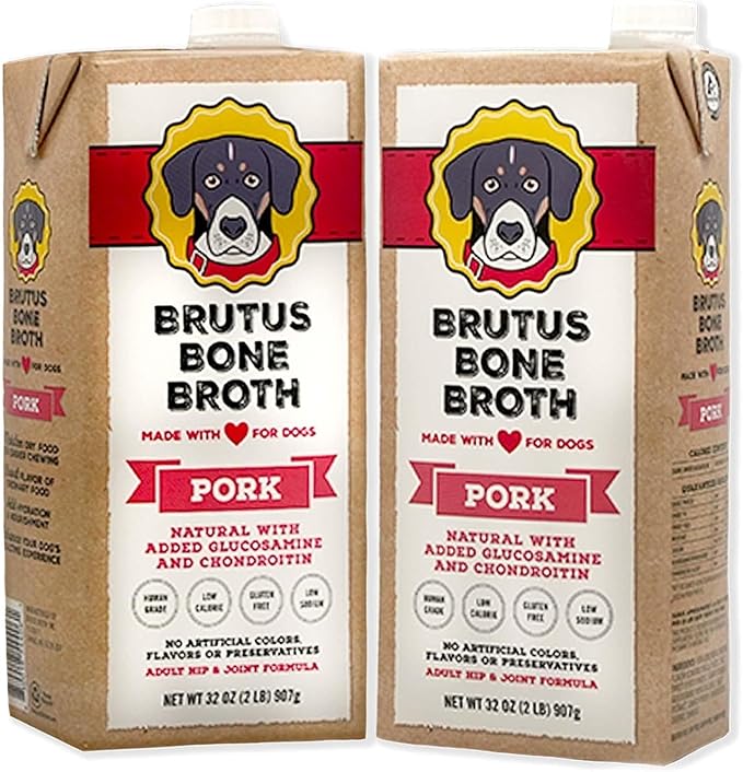 Brutus Bone Broth for Dogs | All Natural | Made in USA | Glucosamine & Chondroitin for Healthy Joints | Human Grade Ingredients | Hydrating Dog Food Topper, Gravy & Treat (Pork)