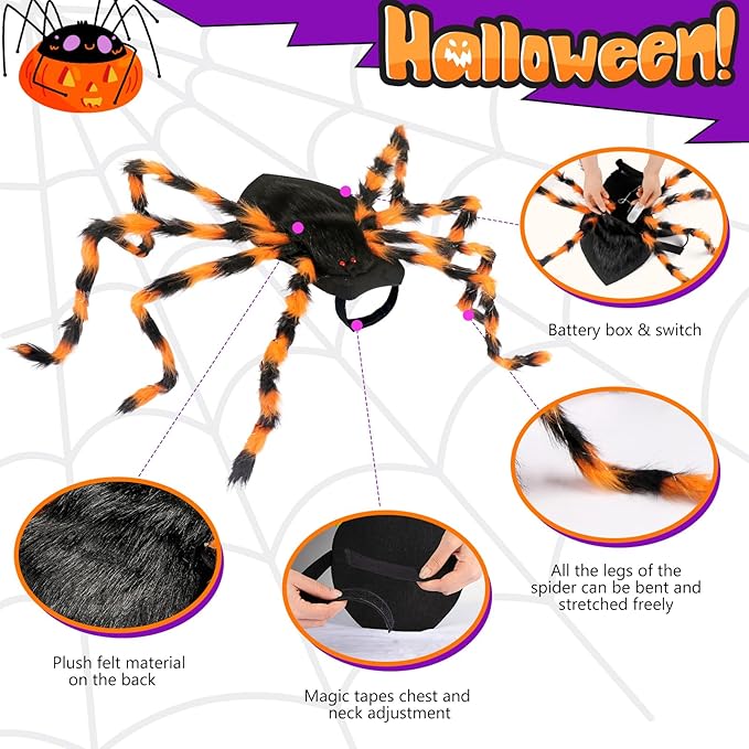 Dog Halloween Costumes, Furry Dog Spider Costume with 64 LED, Giant Spider Halloween Costume for Medium Large Dogs, Funny Dog Halloween Costumes for Cat Pet Halloween Party Cosplay (Orange)