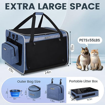 Petskd Extra Large Cat Carrier for 55LBS Pet Car Travel with Litter Box, 24"x17"x17" Soft Large Cats or Medium Dog Carrier with 5 Breathable Mesh Windows and Locking Zippers for Long Distance(Blue)