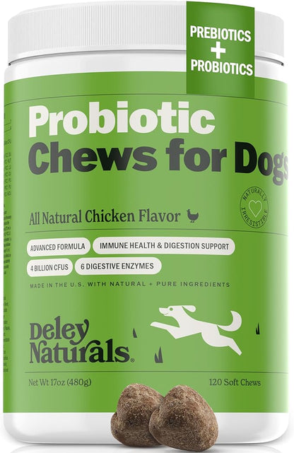 Deley Naturals Dog Probiotic Chews - Dogs Probiotic for Digestive Health with 4 Billion CFUs & Digestive Enzymes - Anti Diarrhea for Dogs - Dog Gut Health Probiotics for Constipation Gas & Allergies