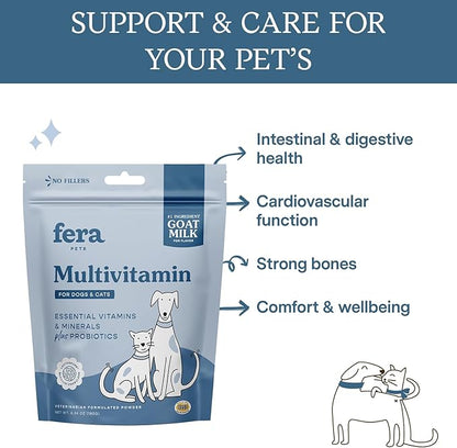 Fera Pet Organics Multivitamin Goat Milk Cat & Dog – Vet Created - Cat & Dog Multivitamin - Probiotics & Essential Vitamins & Minerals–60 Servings