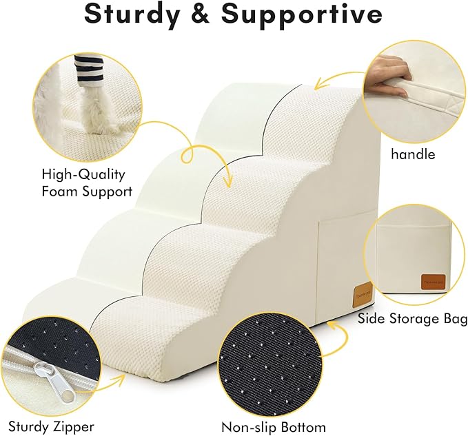 Dog Stairs for Small Dogs 5 Tiers Step,White,5 Steps