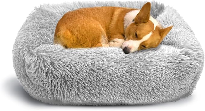 31 Inch Calming Dog Beds for Small Medium Large Dogs, Soft Faux Fur Fluffy Cuddler Cat Bed, Washable Rectangle Anti-Slip Plush Pet Bed, Light Grey