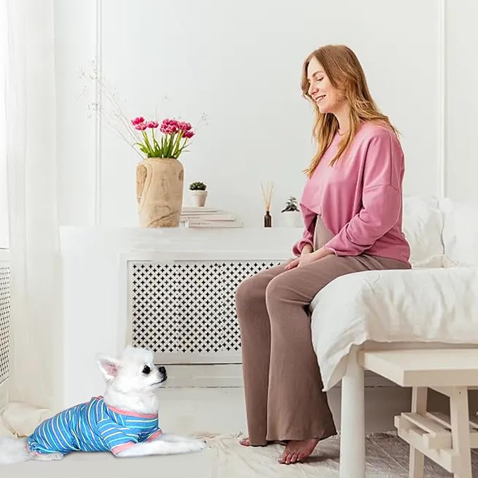 TONY HOBY Female Dog Pajamas, Dog Thermal Pajamas with Stripe, Dog Jumpsuit Pet Clothes for Small Medium Dog (Light Blue, Girl, XS)