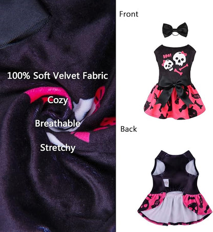CuteBone Halloween Skulls Dog Dress Velvet for Small Dogs Girl Puppy Dresses Pink Dog Clothes CVA02M-D