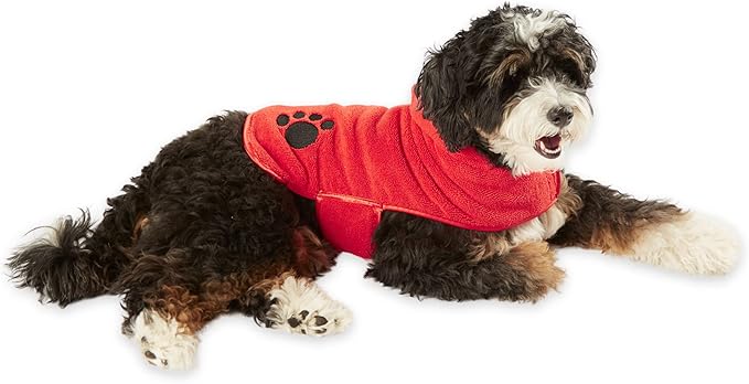 Bone Dry Pet Robe Collection, Embroidered Absorbent Microfiber Bath Robe with Adjustable Closure, for Dogs & Cats, Small, Red