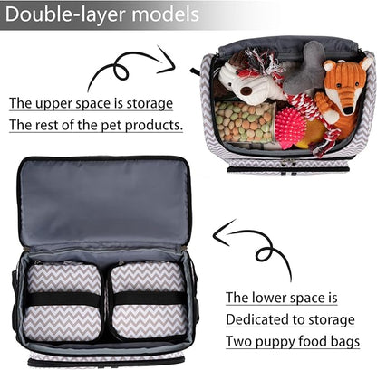 BAGLHER Pet Travel Bag, Double-Layer Pet Supplies Backpack (for All Pet Travel Supplies), Pet Travel Backpack with 2 Silicone Collapsible Bowls and 2 Food Baskets BLW