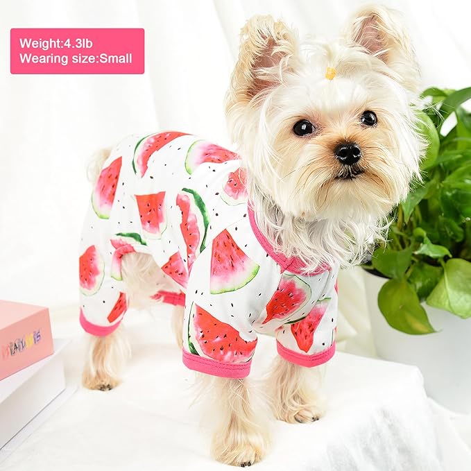 Soft Stretch Pet Clothes Dog Pajamas for Small Dogs Boy Girl Cute Puppy Clothes Dog Pjs Summer Dog Jammies Onesies Dog Outfits for Chihuahua Yorkie Teacup Cat Apparel Clothing (Small, Watermelon)