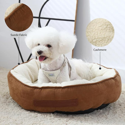 28"x28"x8" Round Dog and Cat Bed, Cozy Oval Dog Bed with Anti-Slip Bottom and Neck Support Pillow, Washable Kitten Bed for Indoor Small Medium Dogs Cats(Brown, Large)