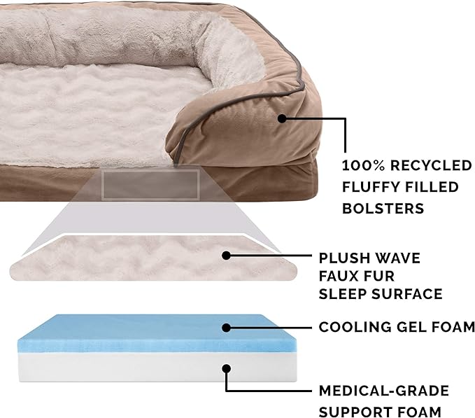 Furhaven Cooling Gel Dog Bed for Large/Medium Dogs w/ Removable Bolsters & Washable Cover 55 lbs