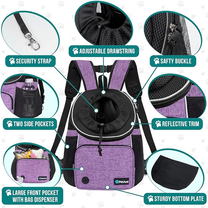 PetAmi Dog Front Carrier Backpack, Adjustable Dog Pet Cat Chest Carrier Backpack, Ventilated Dog Carrier for Hiking Camping Travel, Small Medium Dog Puppy Large Cat Carrying Bag, Max 10 lbs, Purple