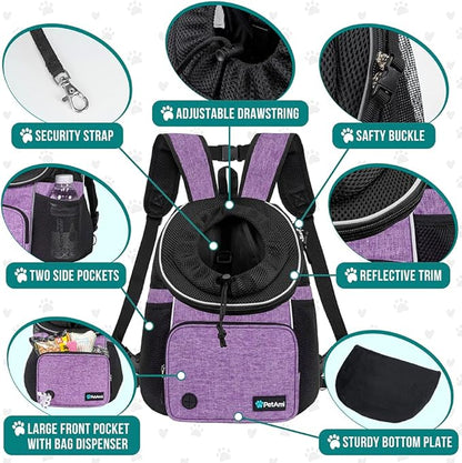 PetAmi Dog Front Carrier Backpack, Adjustable Dog Pet Cat Chest Carrier Backpack, Ventilated Dog Carrier for Hiking Camping Travel, Small Medium Dog Puppy Large Cat Carrying Bag, Max 15 lbs, Purple