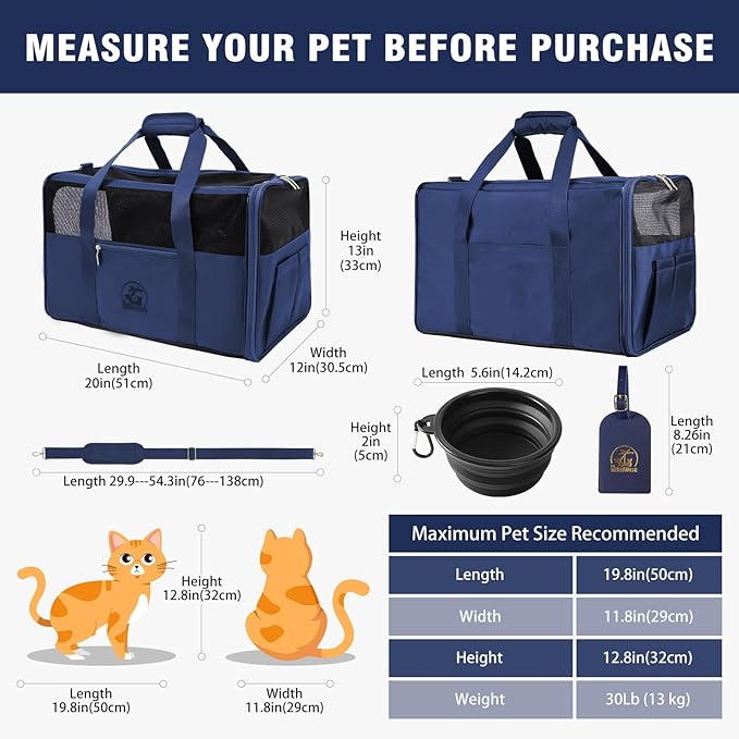 Luxury Pet Carrier for Dogs, Cats, Puppies - Airline TSA Approved, Durable Anti-Scratch Fabric, Soft-Sided, Consistent Airflow, Foldable Design, Cushion Pad, Travel (Navy Blue, Large)