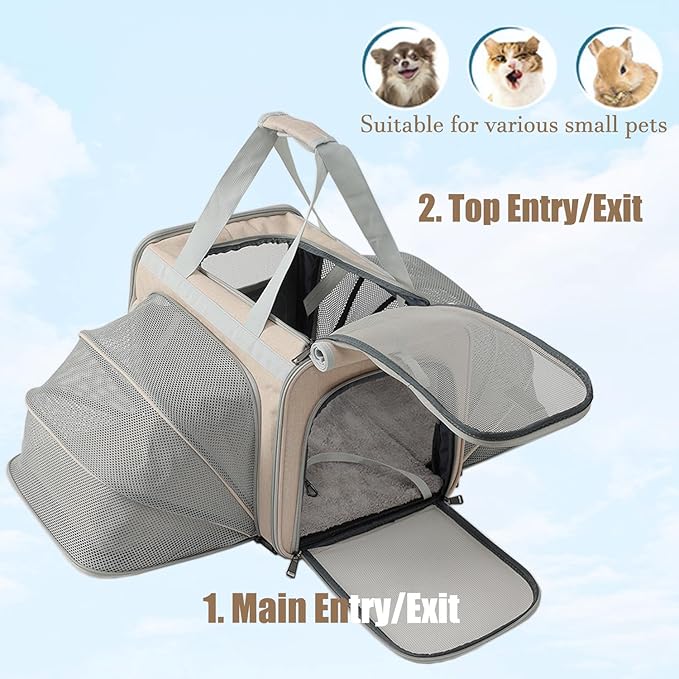 HSC PET Small Dog Carrier Cat Bag,Expandable Soft Travel Handbag for Large Kitty/Puppy/Kittens Sturdy Transport Trip Totes,MAX 25lb,Airline Approved(Khaki,2Sides Expandable)