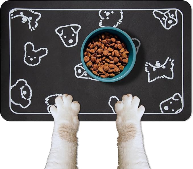 YCT Dog Food Feeding Mat, Non-Slip Dog Mat for Food, Resting and Sleeping Mat, with Multiple Dog Heads Logo，18.1 x 11.8 inches, Black