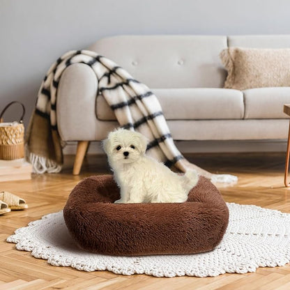 31 Inch Calming Dog Beds for Small Medium Large Dogs, Soft Faux Fur Fluffy Cuddler Cat Bed, Washable Rectangle Anti-Slip Plush Pet Bed, Coffee