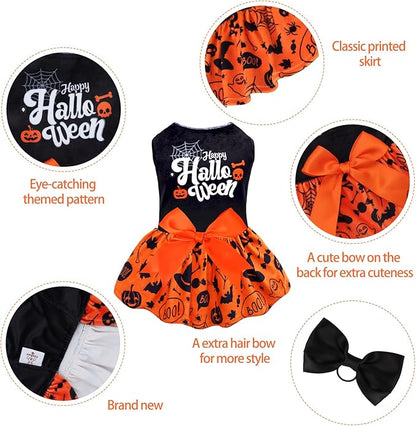 CuteBone Halloween Dog Dresses Velvet Holiday Small Dogs Clothes Onesie Pet Apparel Girl Puppy Skirt with Bow Hair Rope CVA43S-D